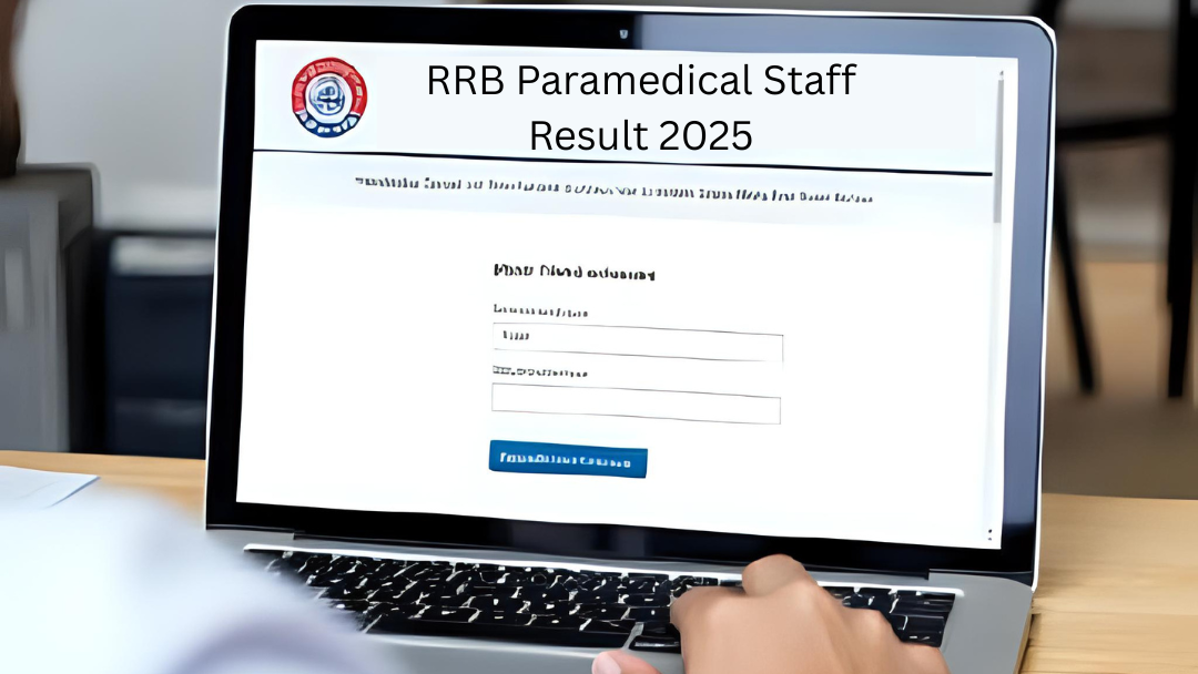 Realistic illustration of a computer screen showing RRB Paramedical Staff Result 2025 webpage with 'Download Scorecard' button and candidate entering login details