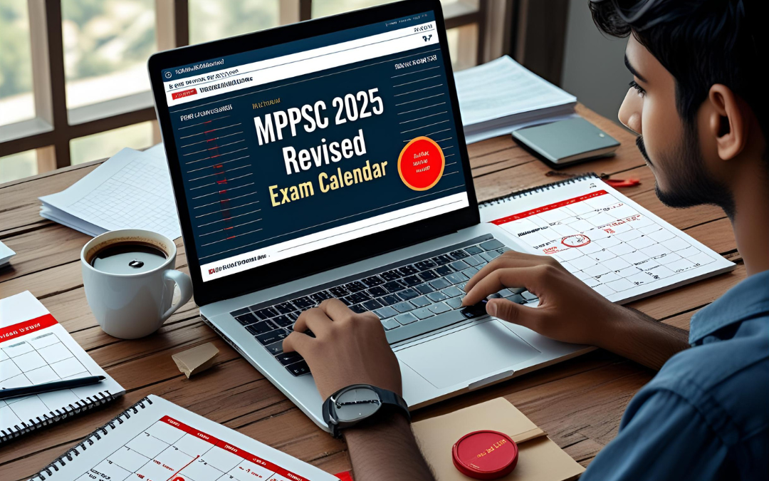 Student reviewing MPPSC 2025 revised exam calendar on a laptop with planner and study materials."