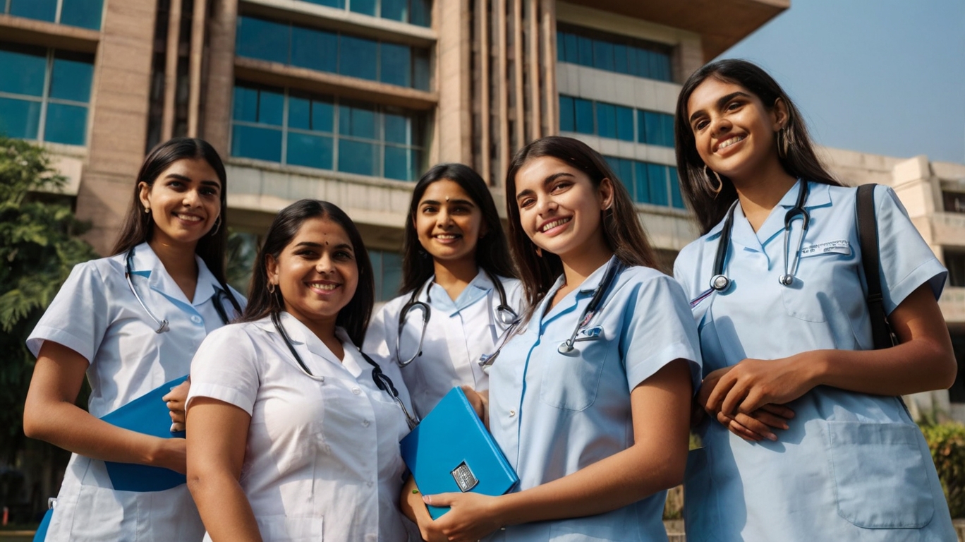 Cheerful nursing students holding PGIMER BSc Nursing 2025 results outside PGIMER Chandigarh building, with stethoscope, clipboard, and merit list in background
