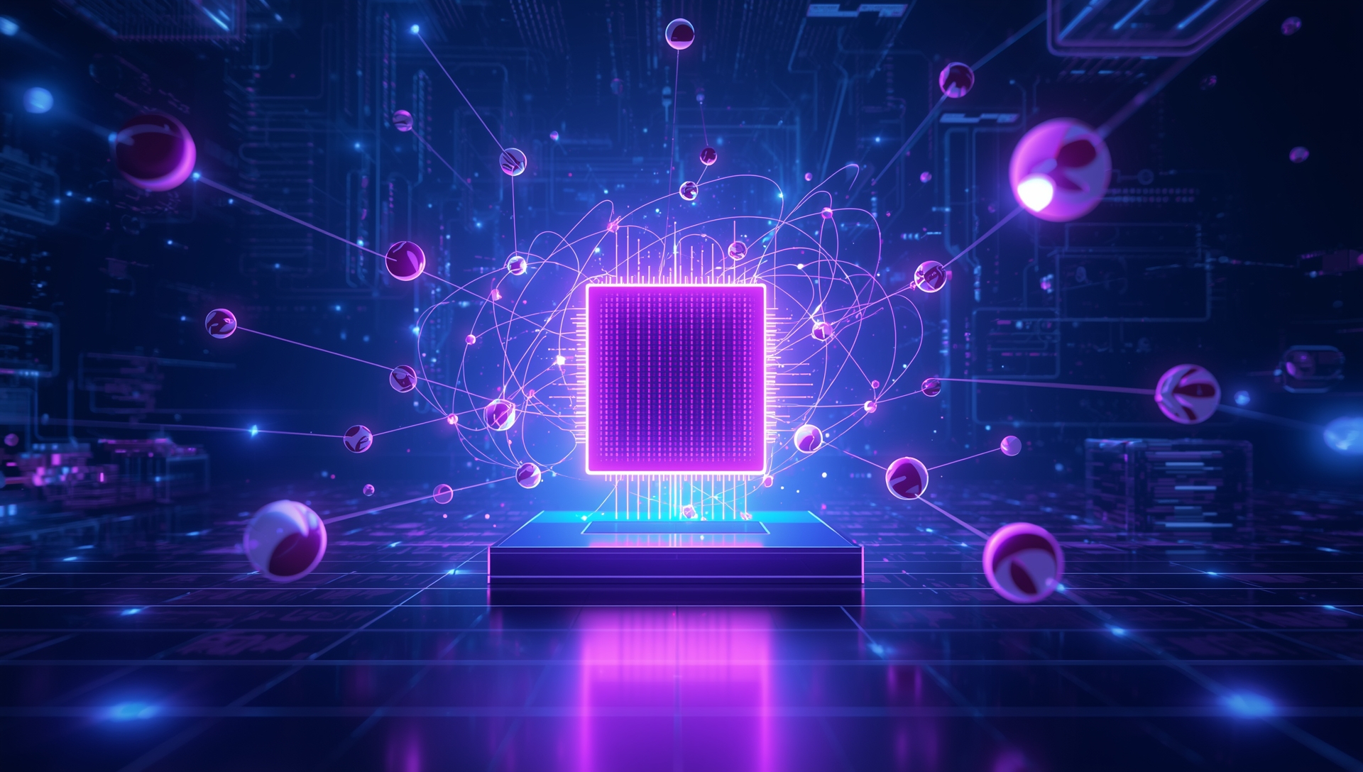 Futuristic digital illustration of quantum computing with glowing qubits, neon circuits, and a central quantum processor symbolizing superposition and entanglement