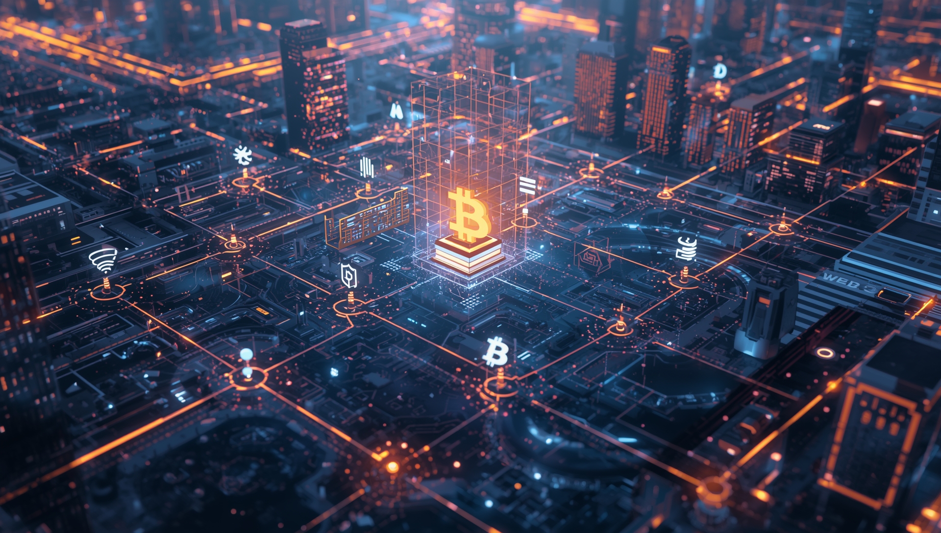 "Illustration of Web3 and blockchain technology showing decentralized networks, cryptocurrencies, NFTs, and DeFi applications in a futuristic digital city.