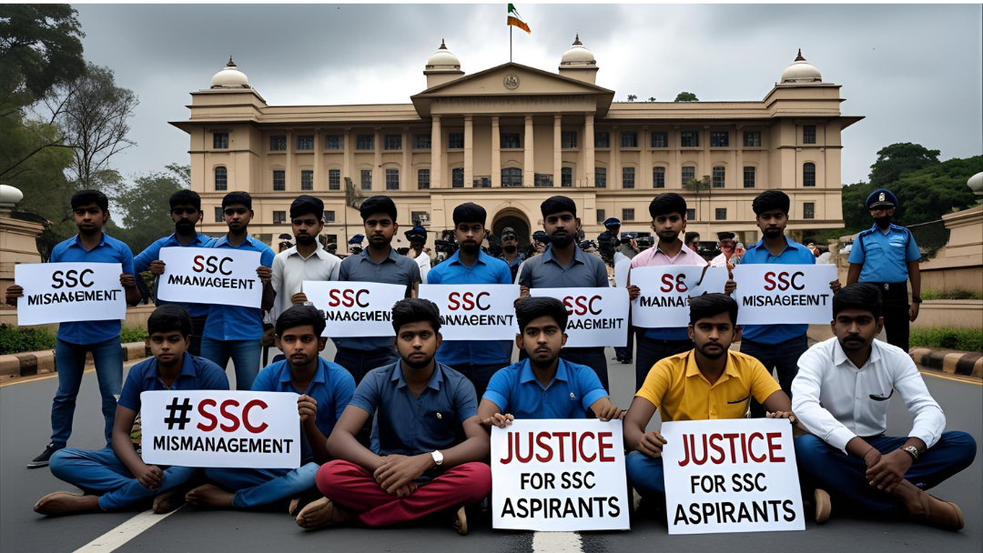 Indian students protesting SSC mismanagement with placards