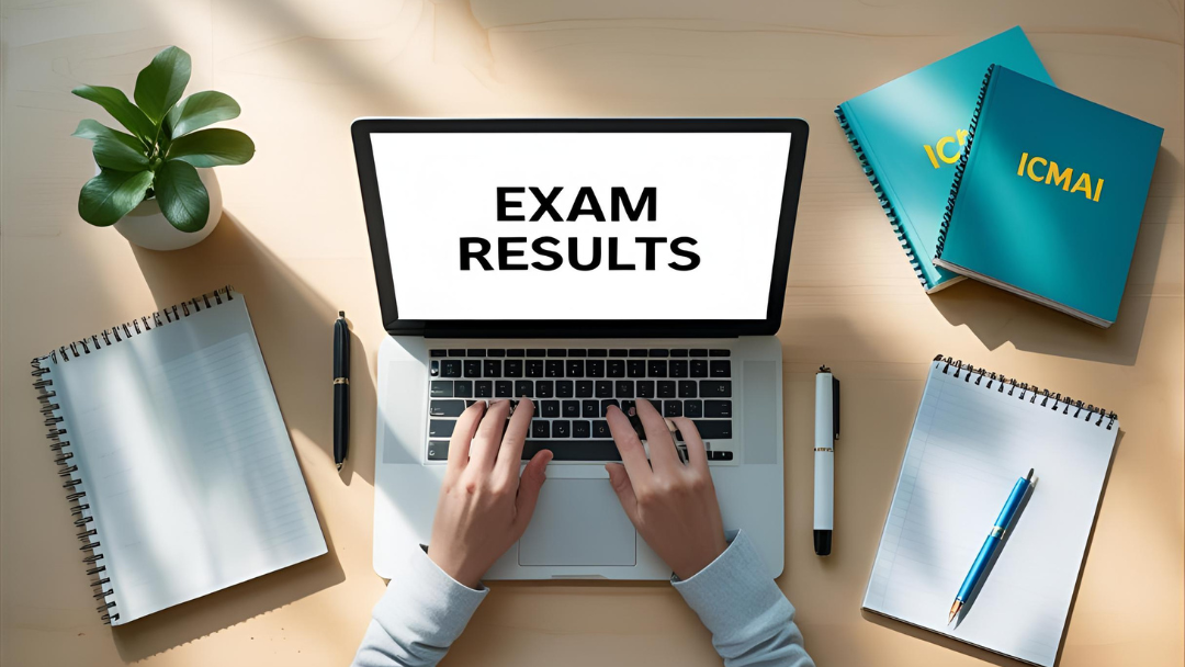 Flat lay of ICMAI CMA result check setup with laptop and study materials