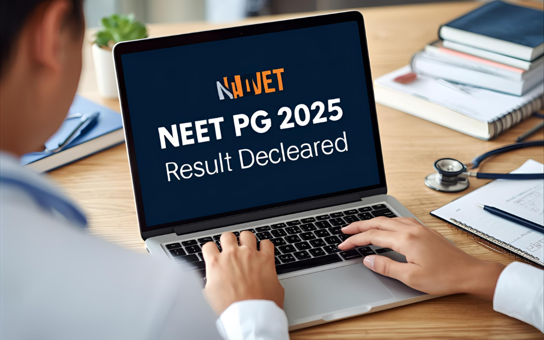 Medical student viewing NEET PG 2025 result on laptop with stethoscope and books on desk