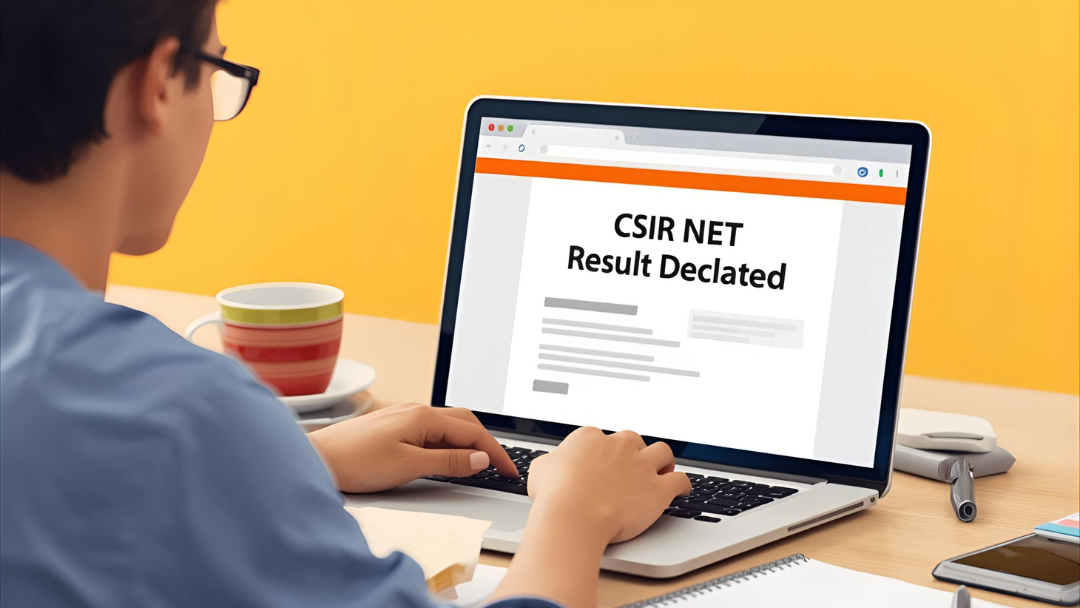 Student checking CSIR NET June 2025 result on laptop with cutoff and answer key details displayed