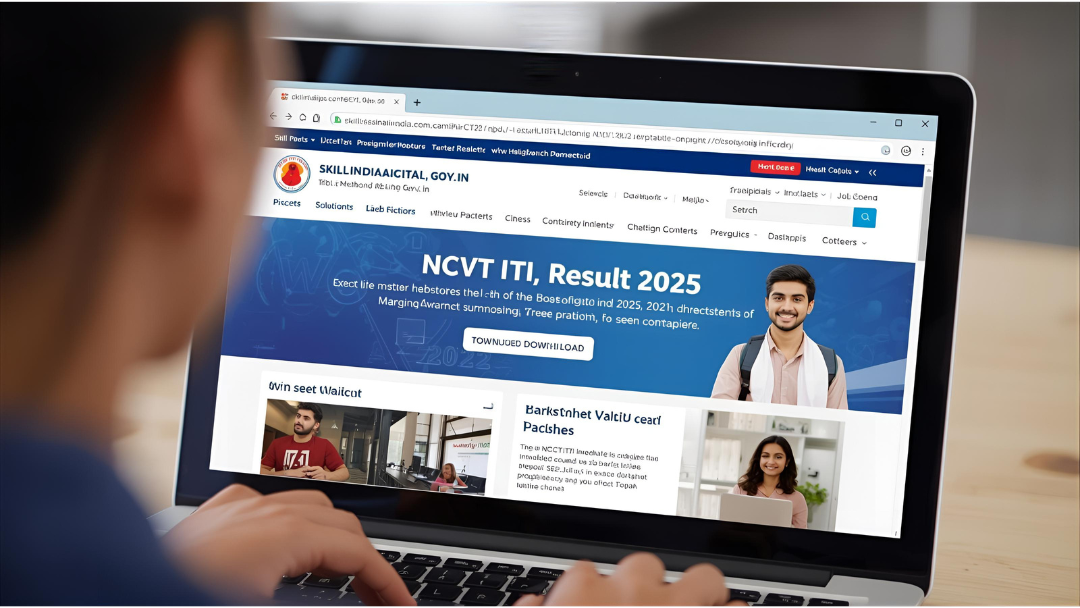 Student checking NCVT ITI Result 2025 online at skillindiadigital.gov.in with marksheet download option.