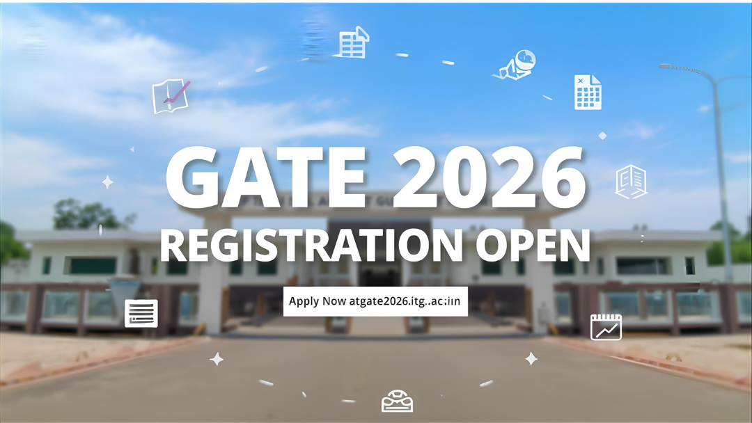 IIT Guwahati campus with GATE 2026 Registration Open text in bold banner style