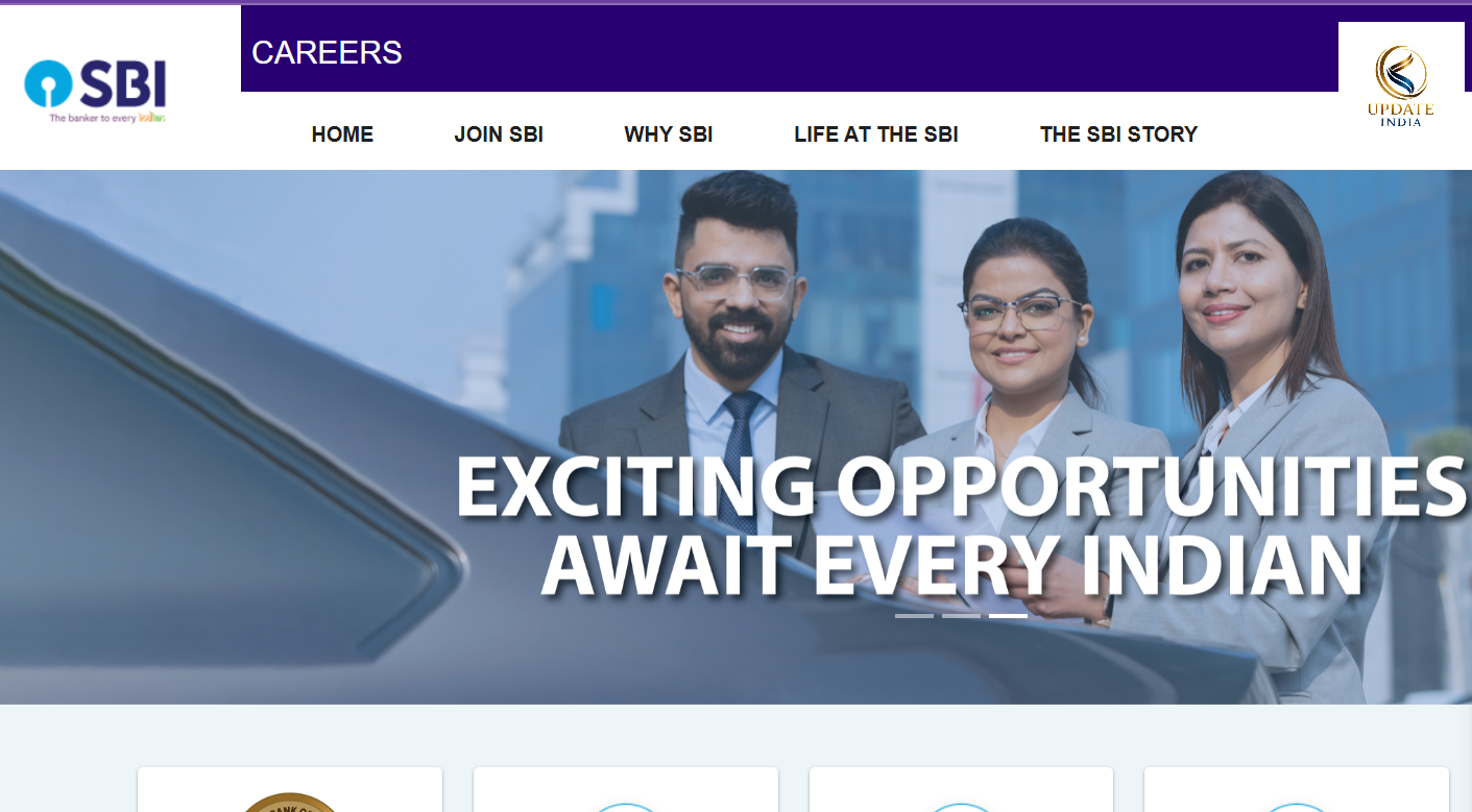 SBI Careers official website homepage showing recruitment section with professionals and tagline ‘Exciting Opportunities Await Every Indian