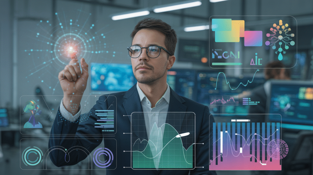 Futuristic illustration of a data scientist analyzing AI and machine learning dashboards, representing career growth, salaries, and courses in data science 2025