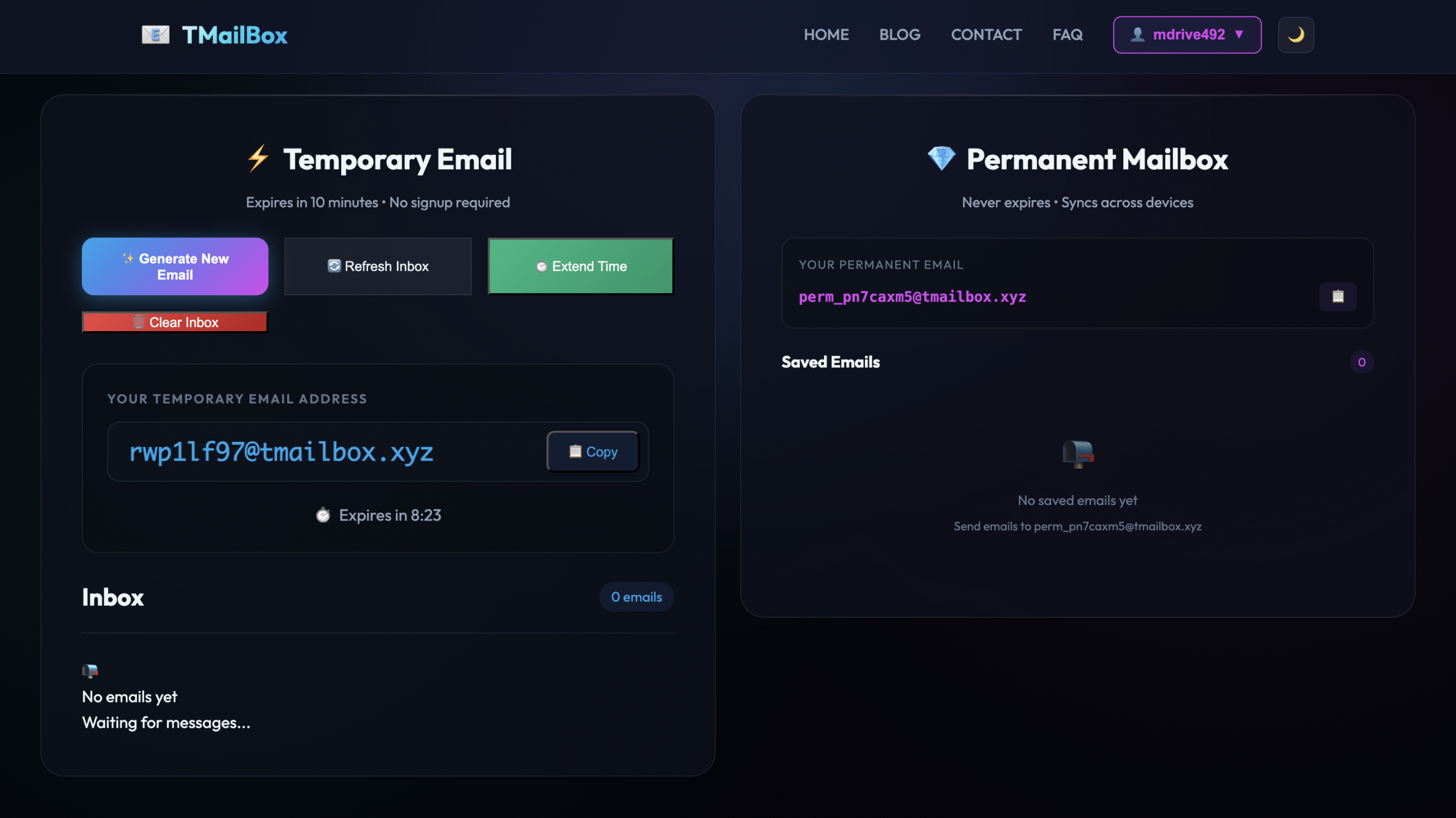 TMail-Box email update in India showing temporary and permanent email generation without ads