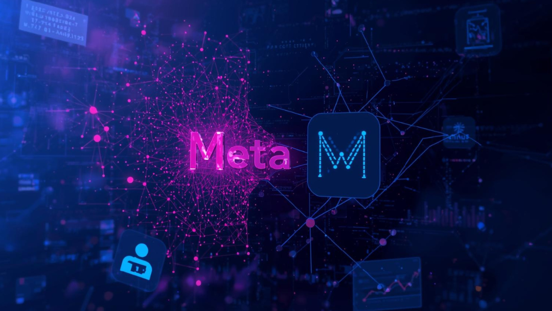 Illustration showing Meta acquiring AI startup Manus, with connected neural networks, AI icons, data analytics, and coding visuals representing advancements in AI assistants and research